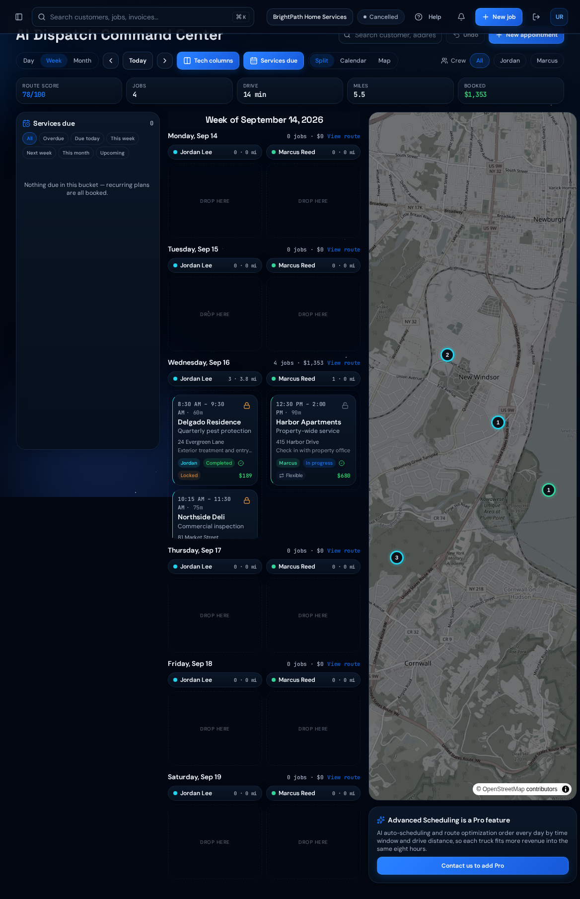 FIELDIVERSE dispatch schedule showing technician columns, appointments, and route map