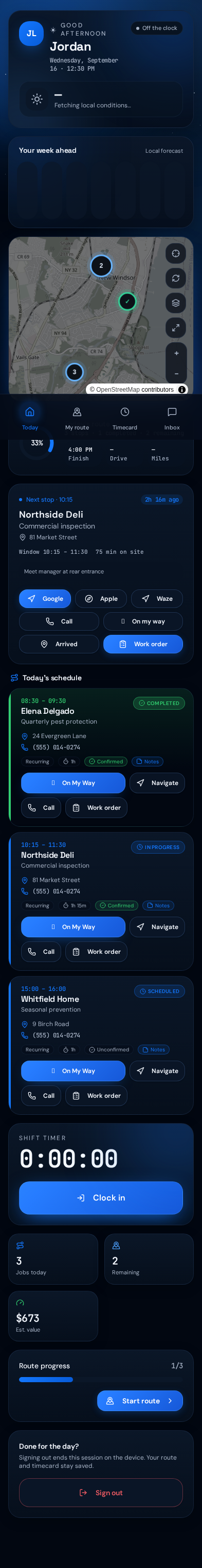 FIELDIVERSE technician mobile app showing route map, next stop, job cards, shift timer, and route progress