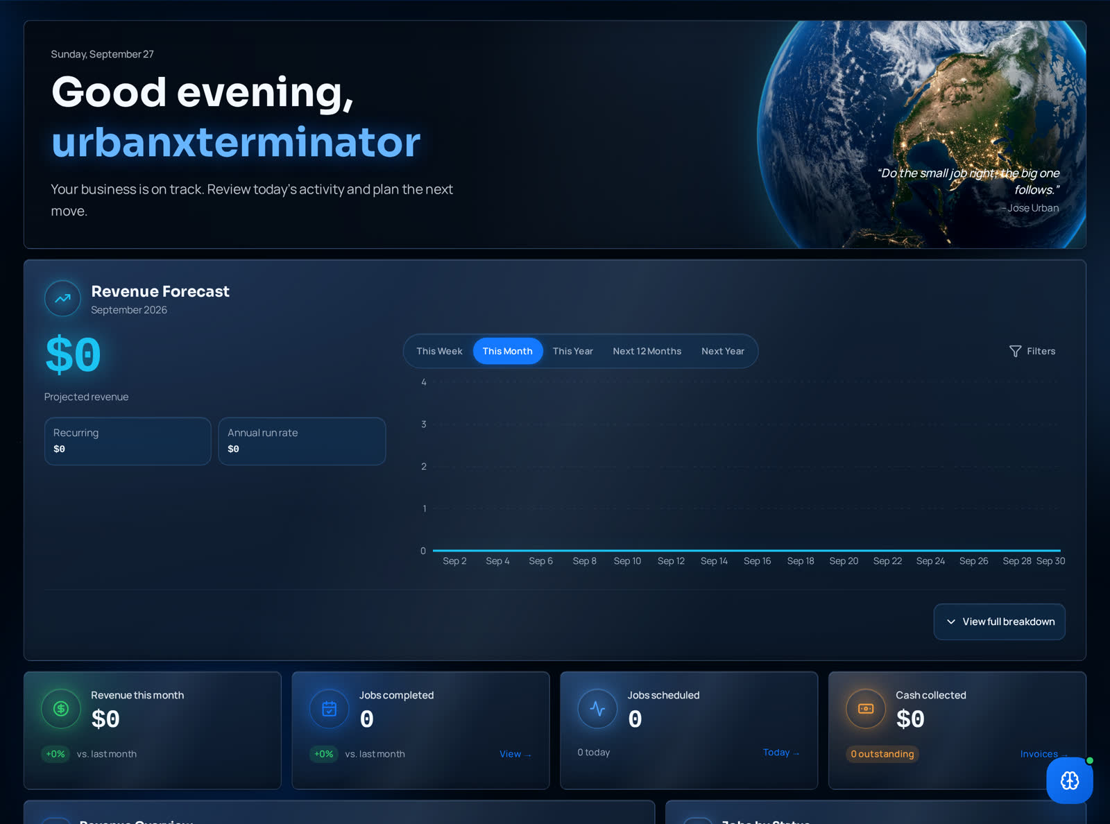 FIELDIVERSE desktop Operations Deck showing revenue, jobs, crew utilization, schedule, and AI insights