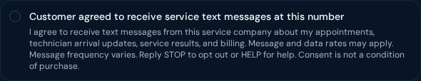 Screenshot of the customer consent checkbox in the FIELDIVERSE staff app. The checkbox is unchecked and the label reads the full SMS consent disclosure including STOP/HELP instructions, message rates, and the statement that consent is not a condition of purchase.